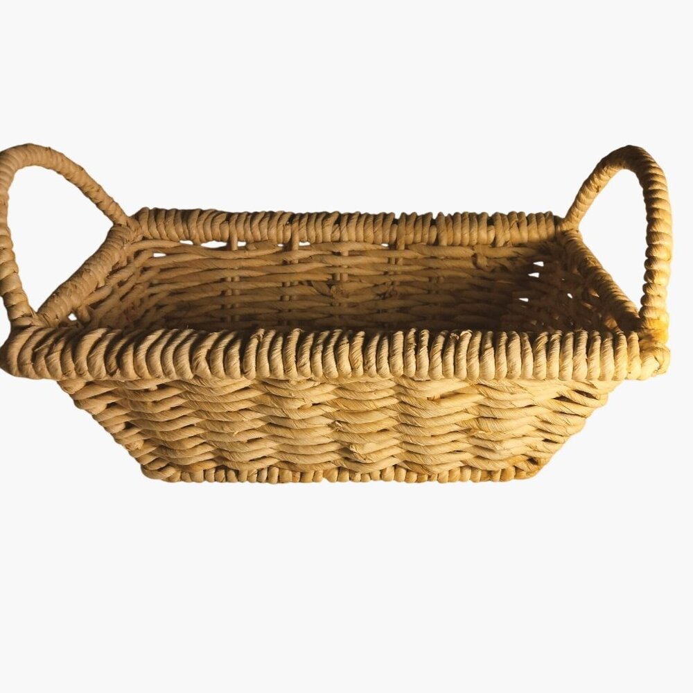 Handwoven Rectangular Wicker Basket Handles Natural Rustic Storage Farmhouse